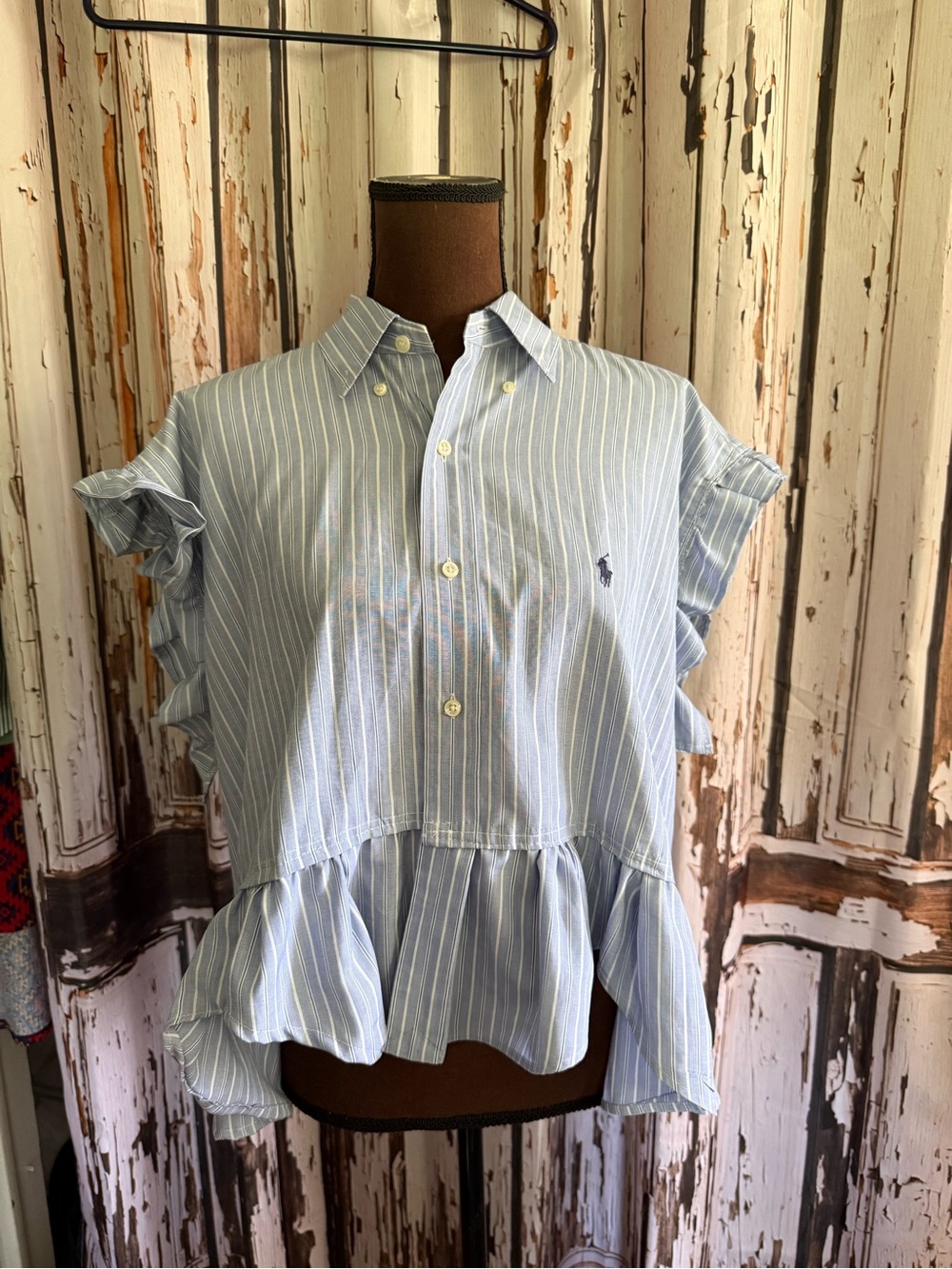 Reworked upcycled Ralph Lauren large Striped Ruffle button down shirt - Picture 13 of 13